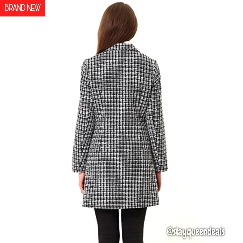 Women's Tweed Blazer Double Breasted Long Jacket Plaid Coat - Picture 5 of 6